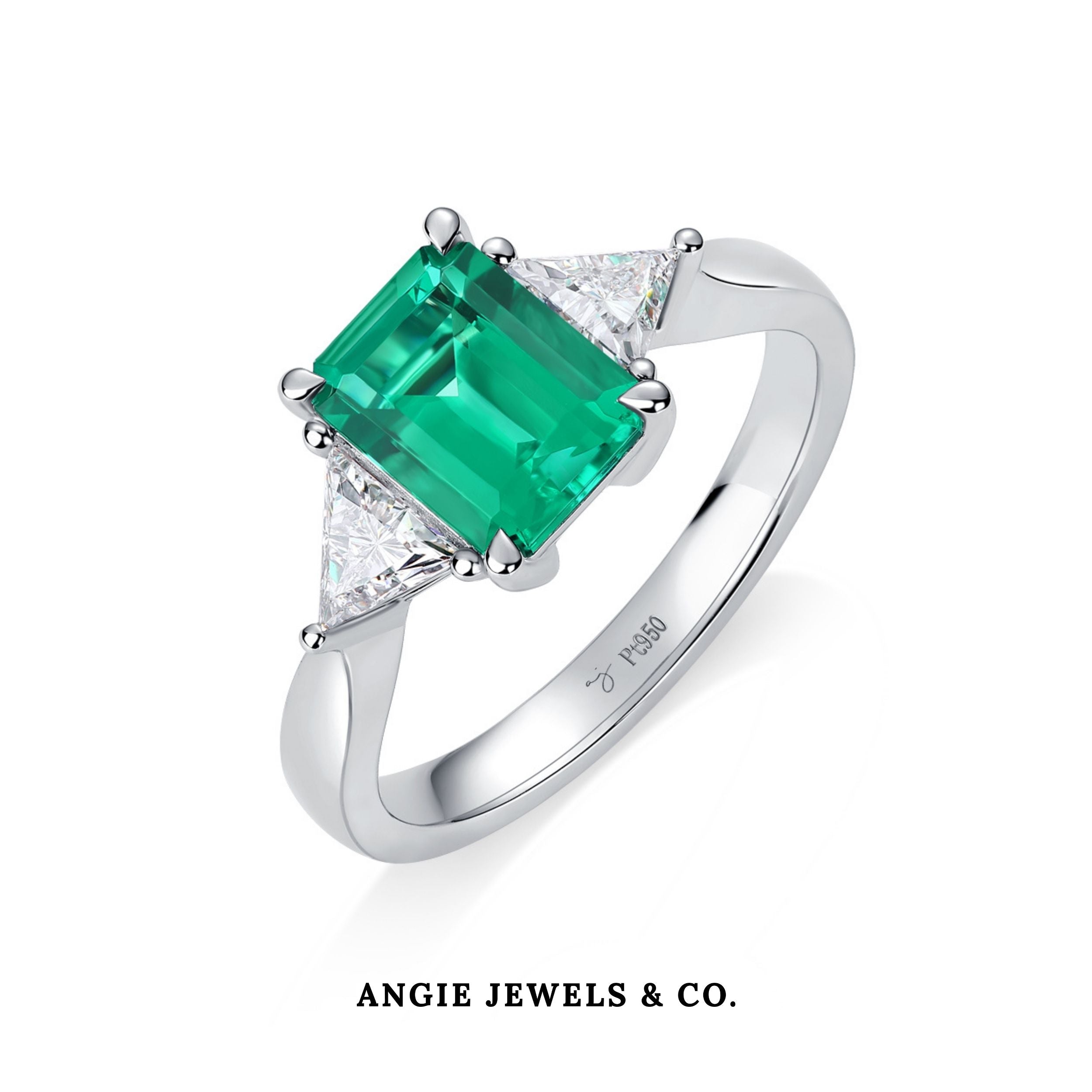 Platinum Emerald with Triangle Diamond Ring