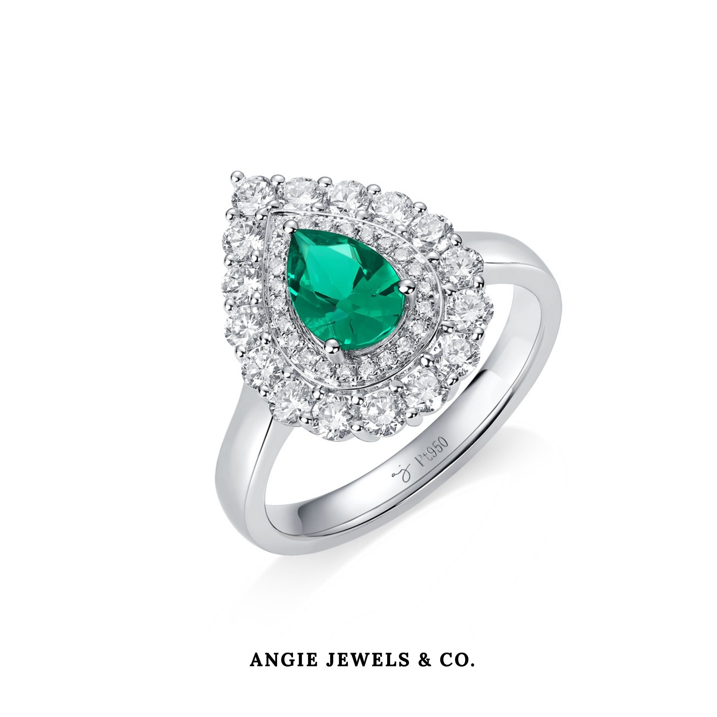 Twin Halo Pear Emerald with Diamond Ring