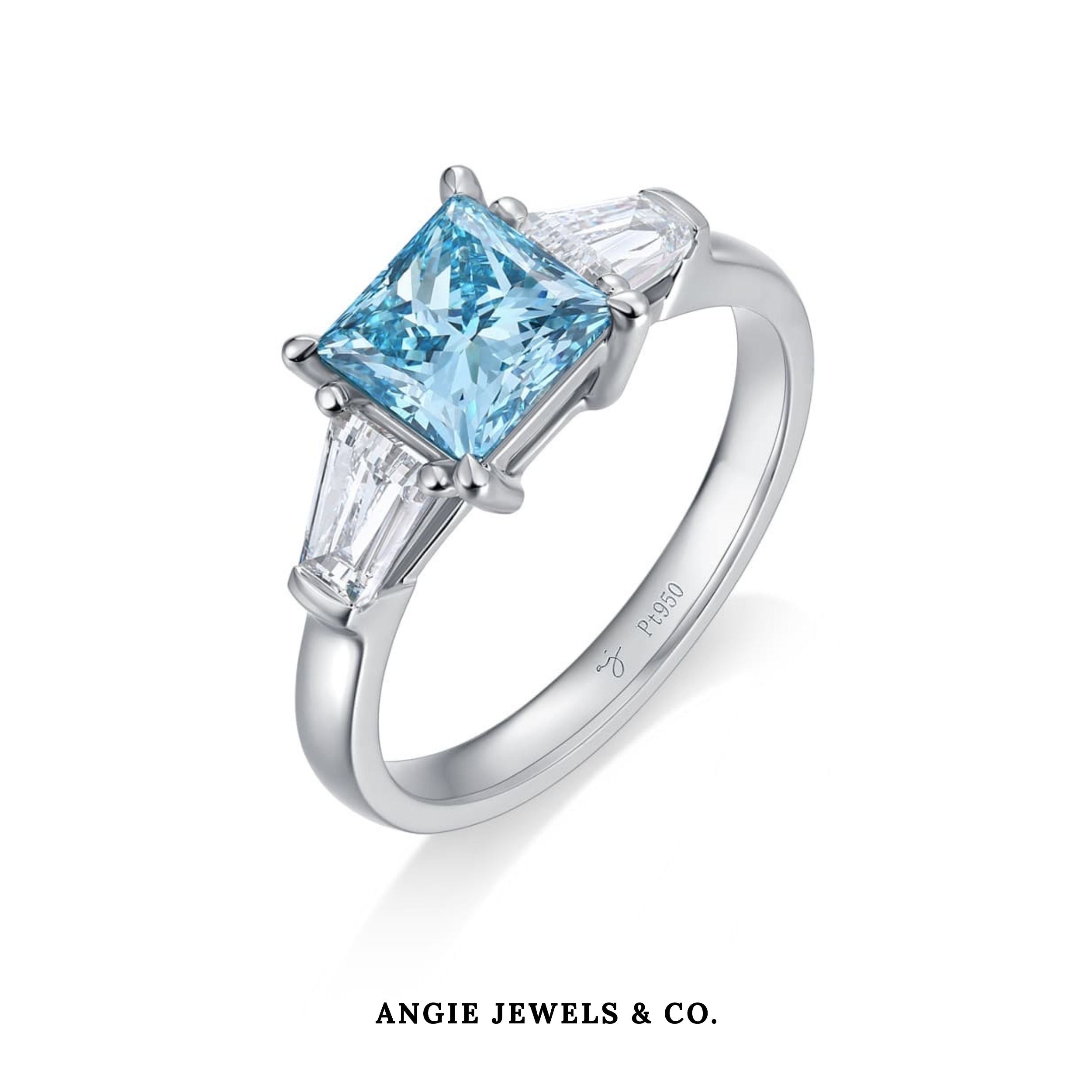 Princess Cut Blue Diamond with Tapered Baguette Ring