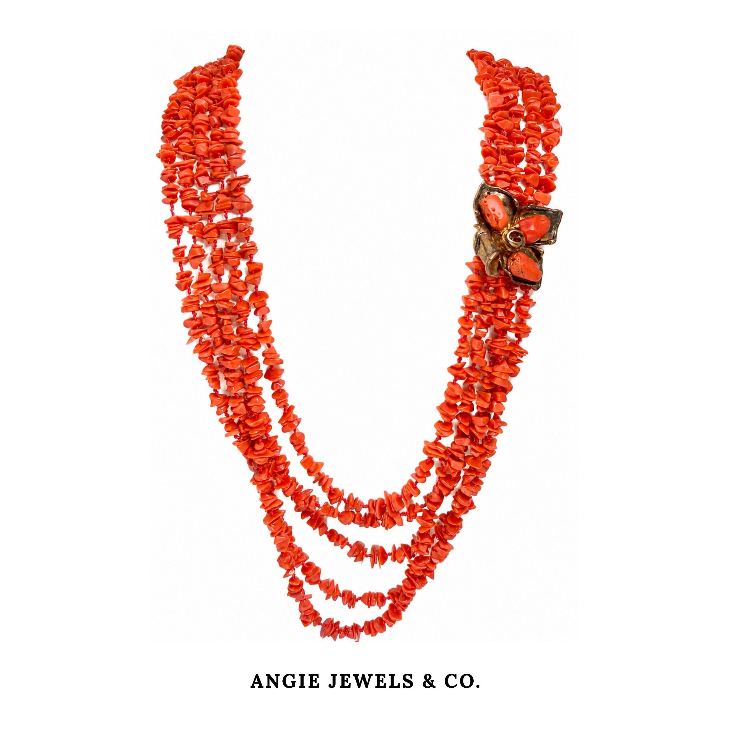 Red Coral Cascade 5-strand w/Golden Sterling Silver Flower