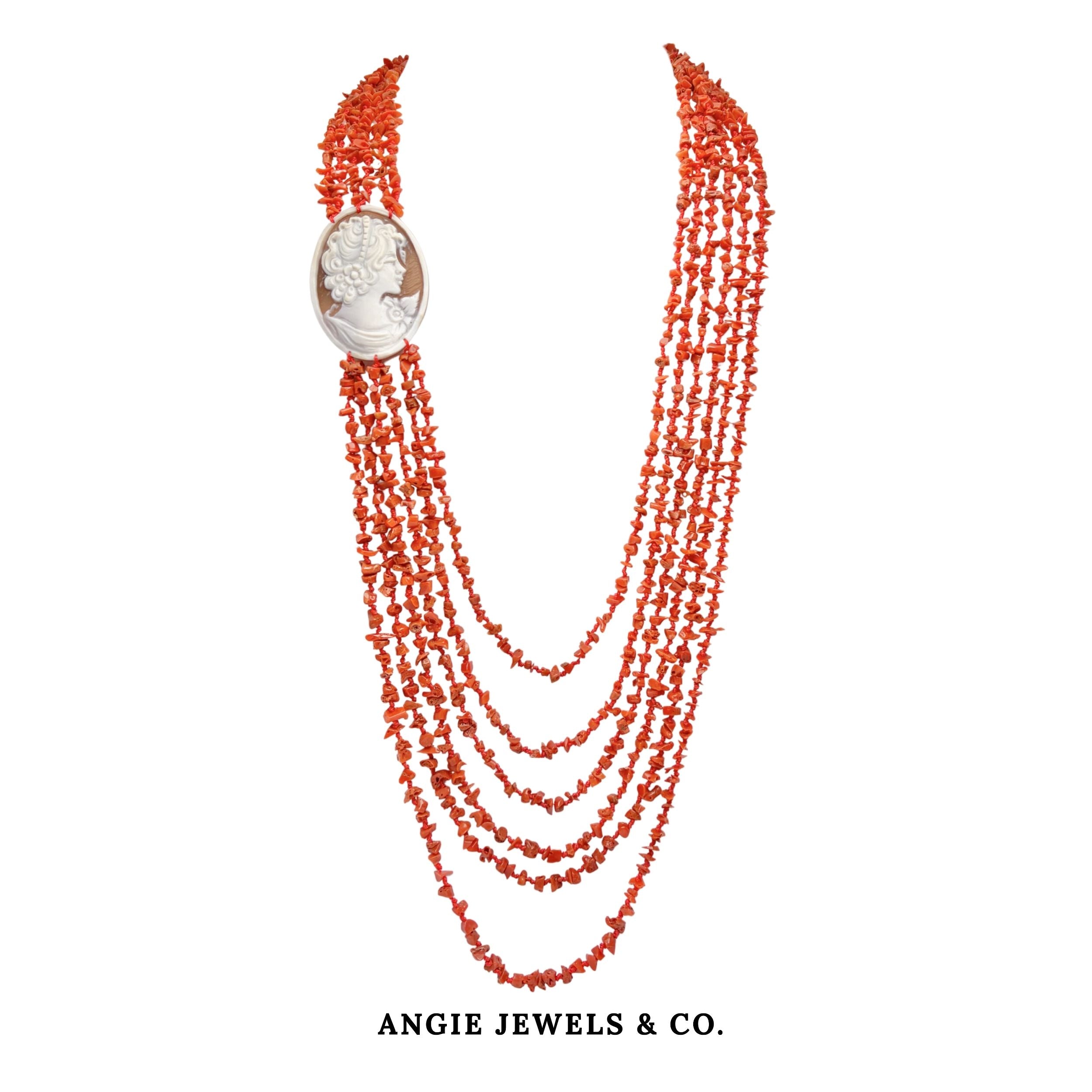 Red Coral Cascade with Cameo multistrand necklace