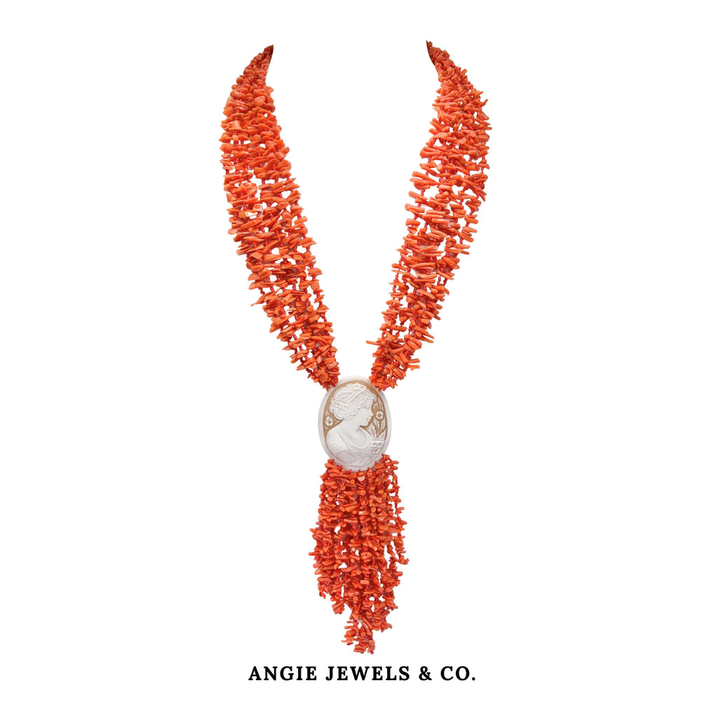 Red Coral Hyoid with Cameo Multistrand Necklace