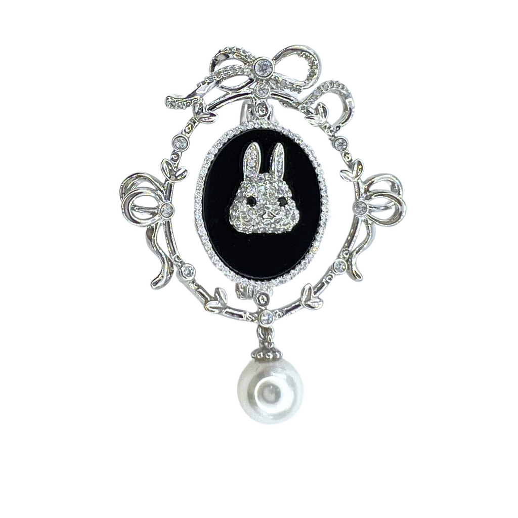 Ribbon Framed Bunny Pearl Brooch
