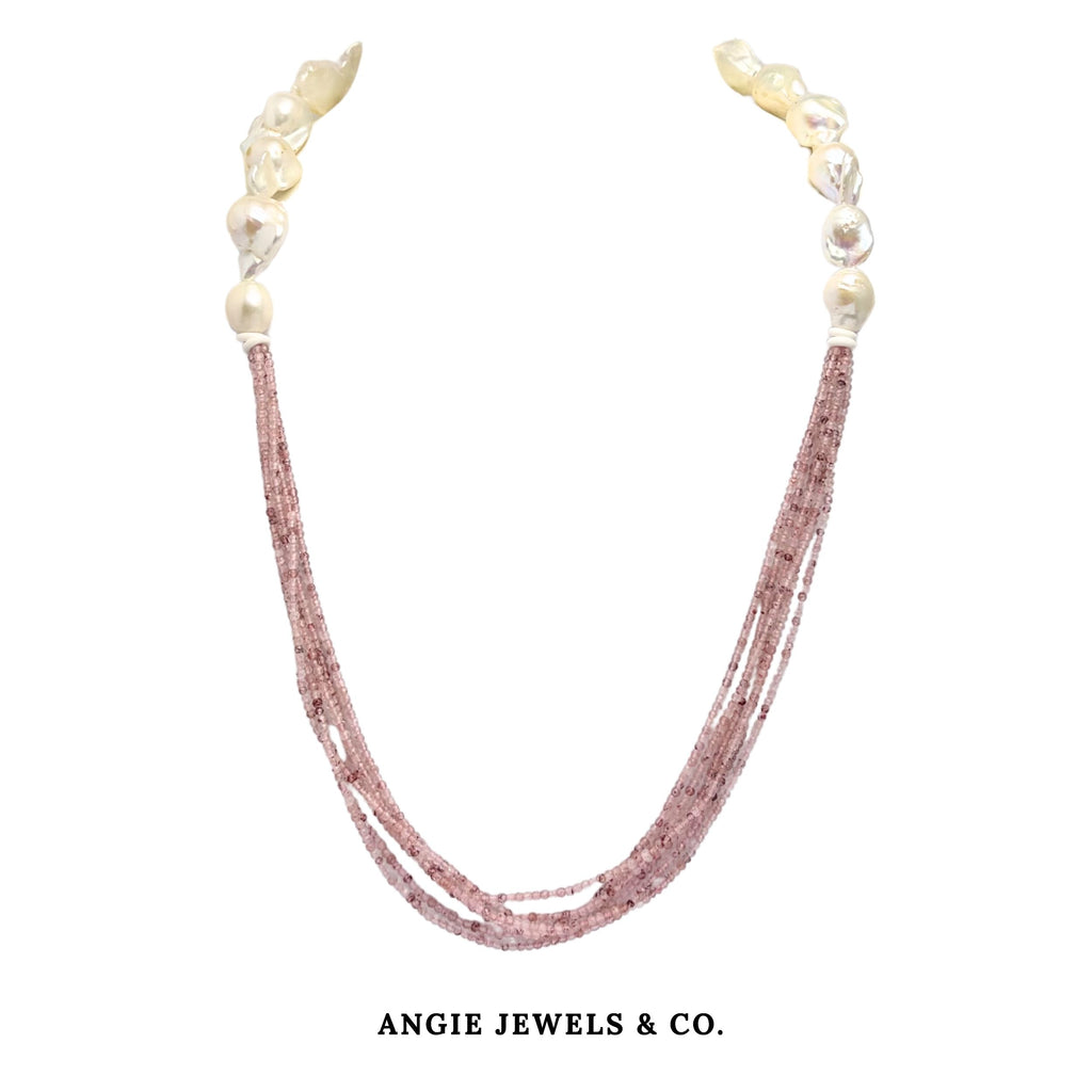 Rosey Lungo Necklace with FWP Baroque and Strawberry Quartz
