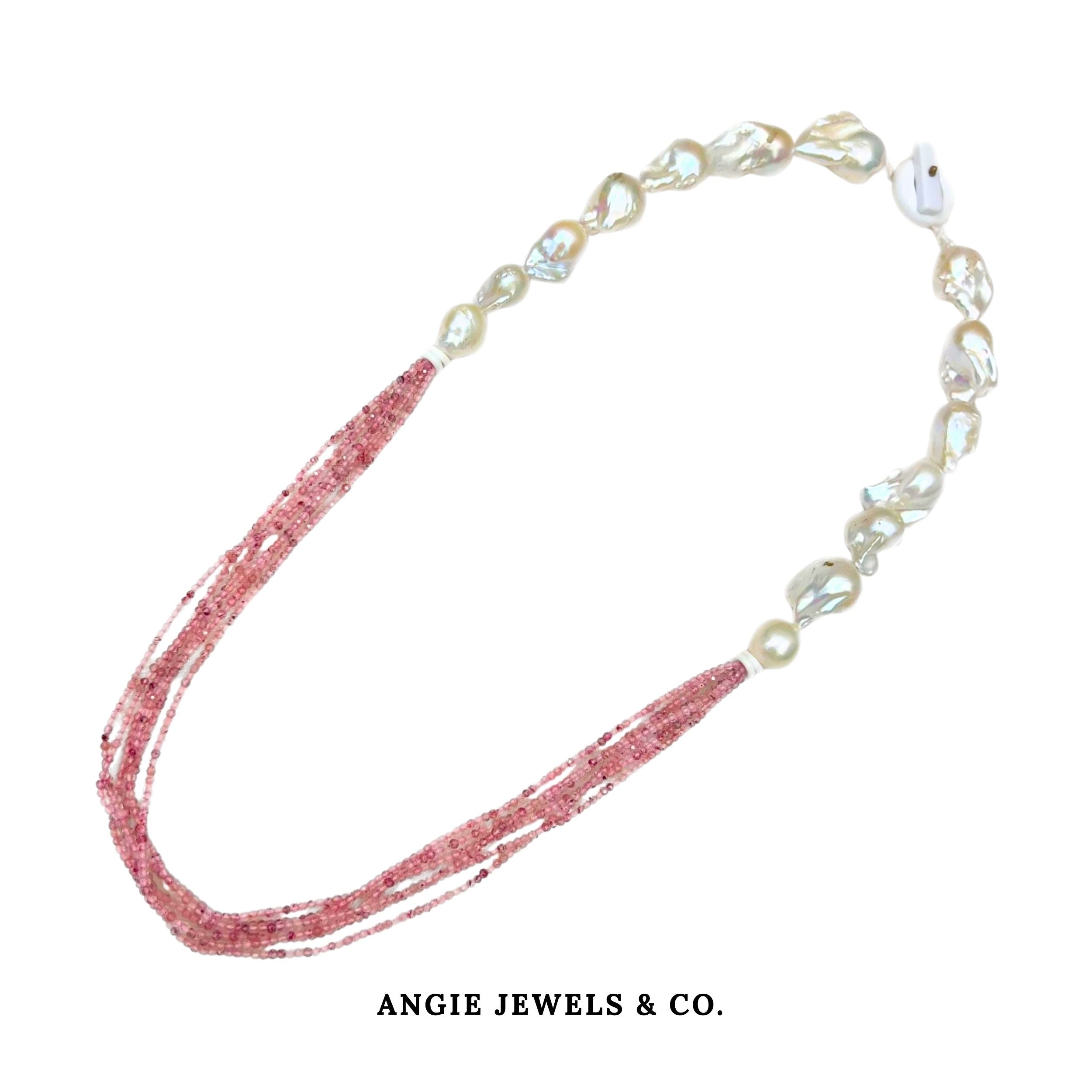 Rosey Lungo Necklace with FWP Baroque and Strawberry Quartz
