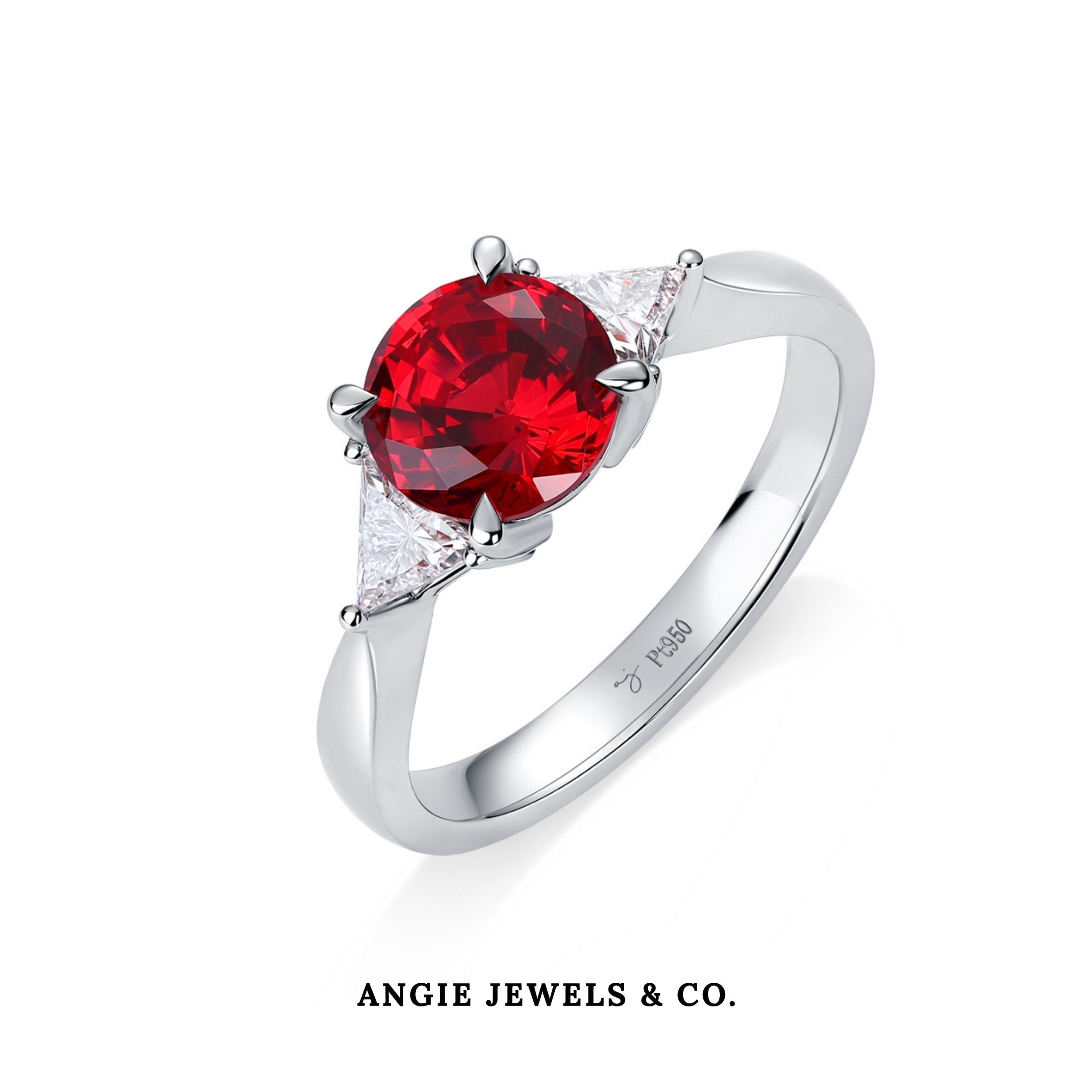 Round Ruby with Triangle Diamond Ring