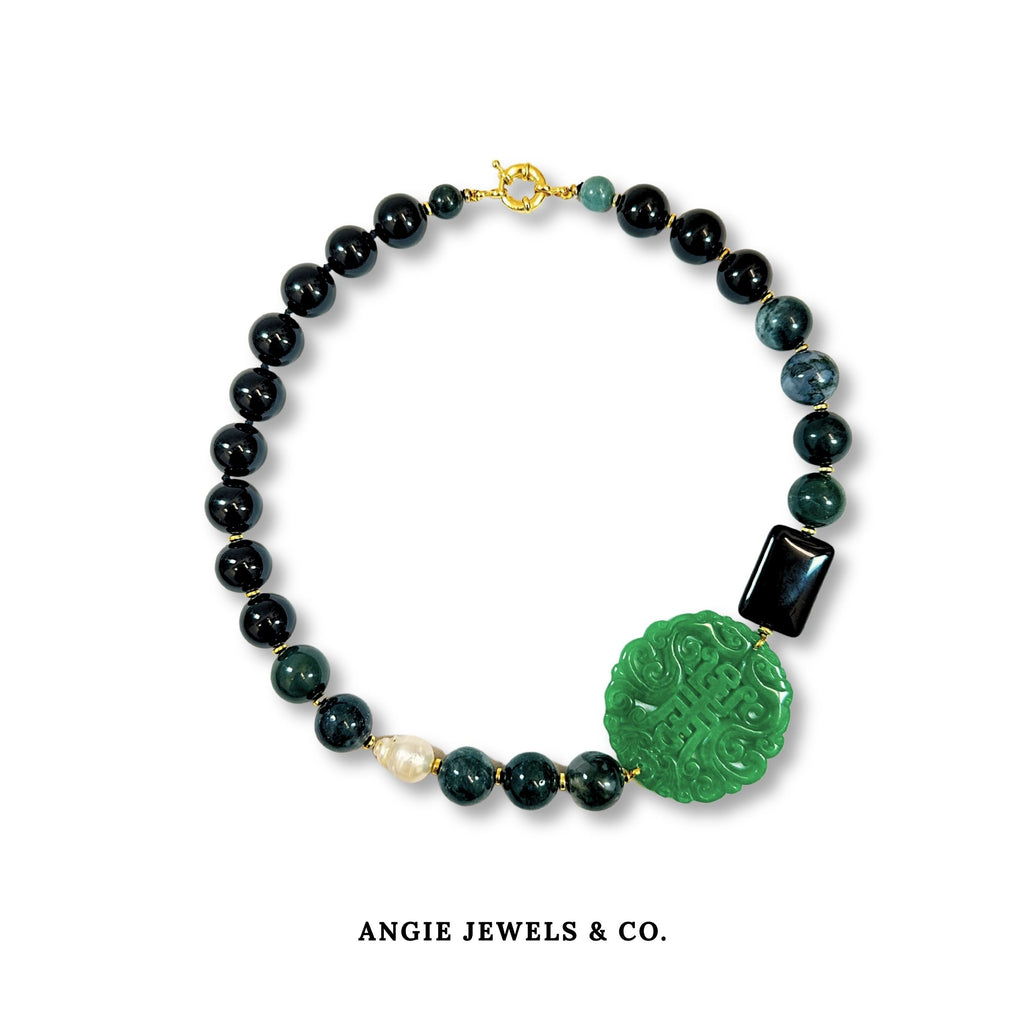 S925 Noble Corto Necklace With Green Quartz, Black Onyx And Baroque Freshwater Pearl