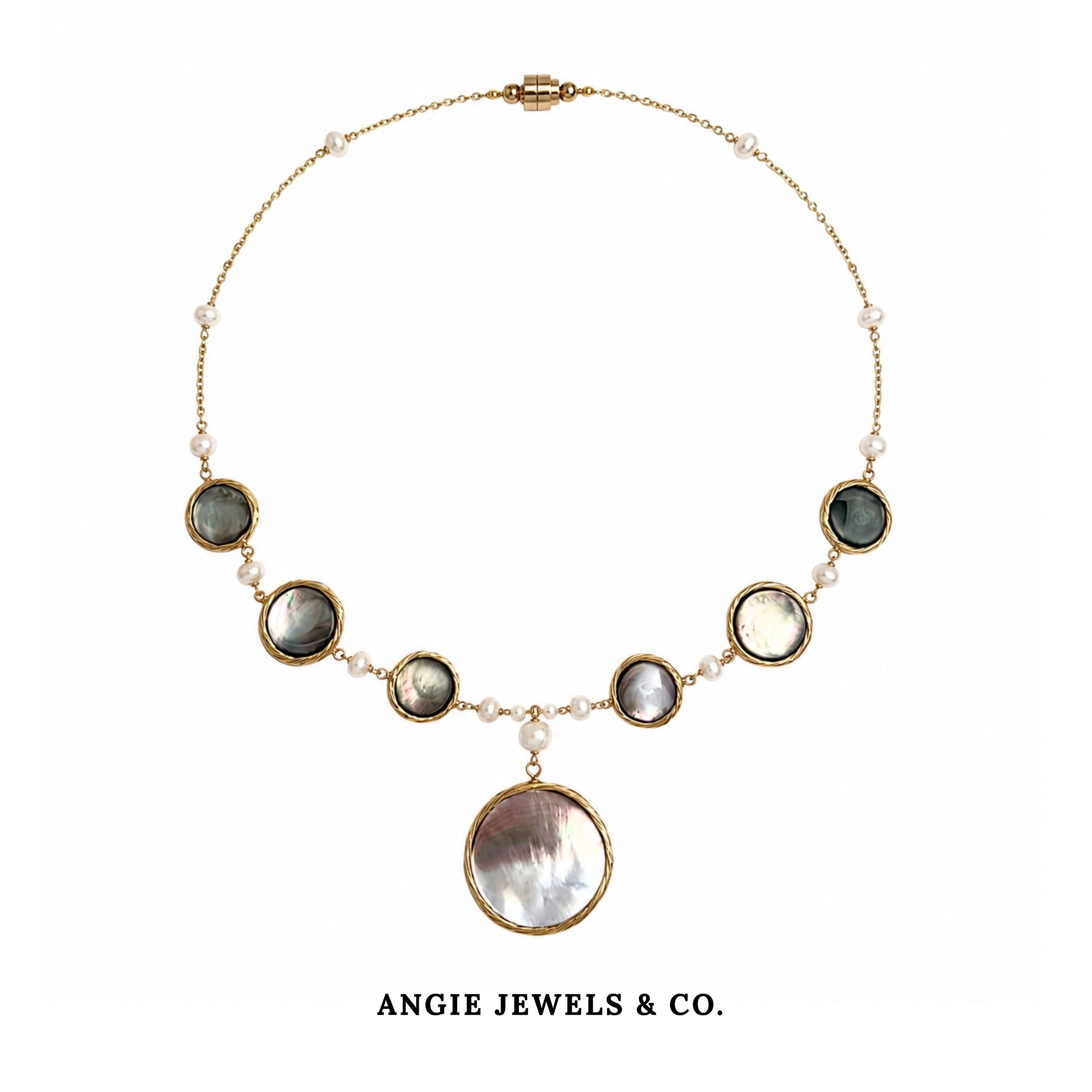 Silver Mist Shell Pearl Round pendant Necklace with freshwater pearls