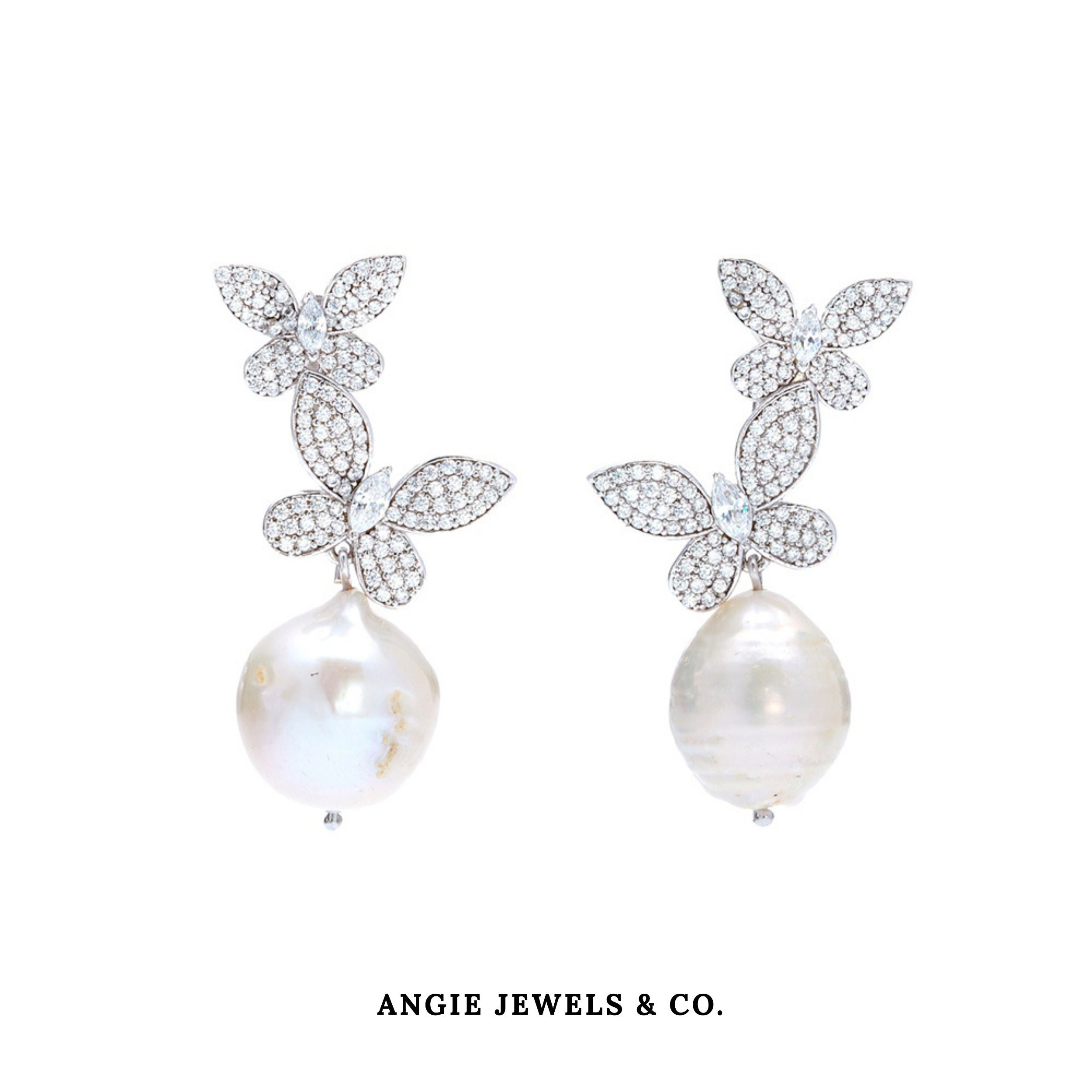 Silver Tone Butterfly Baroque Pearl Hook Earrings