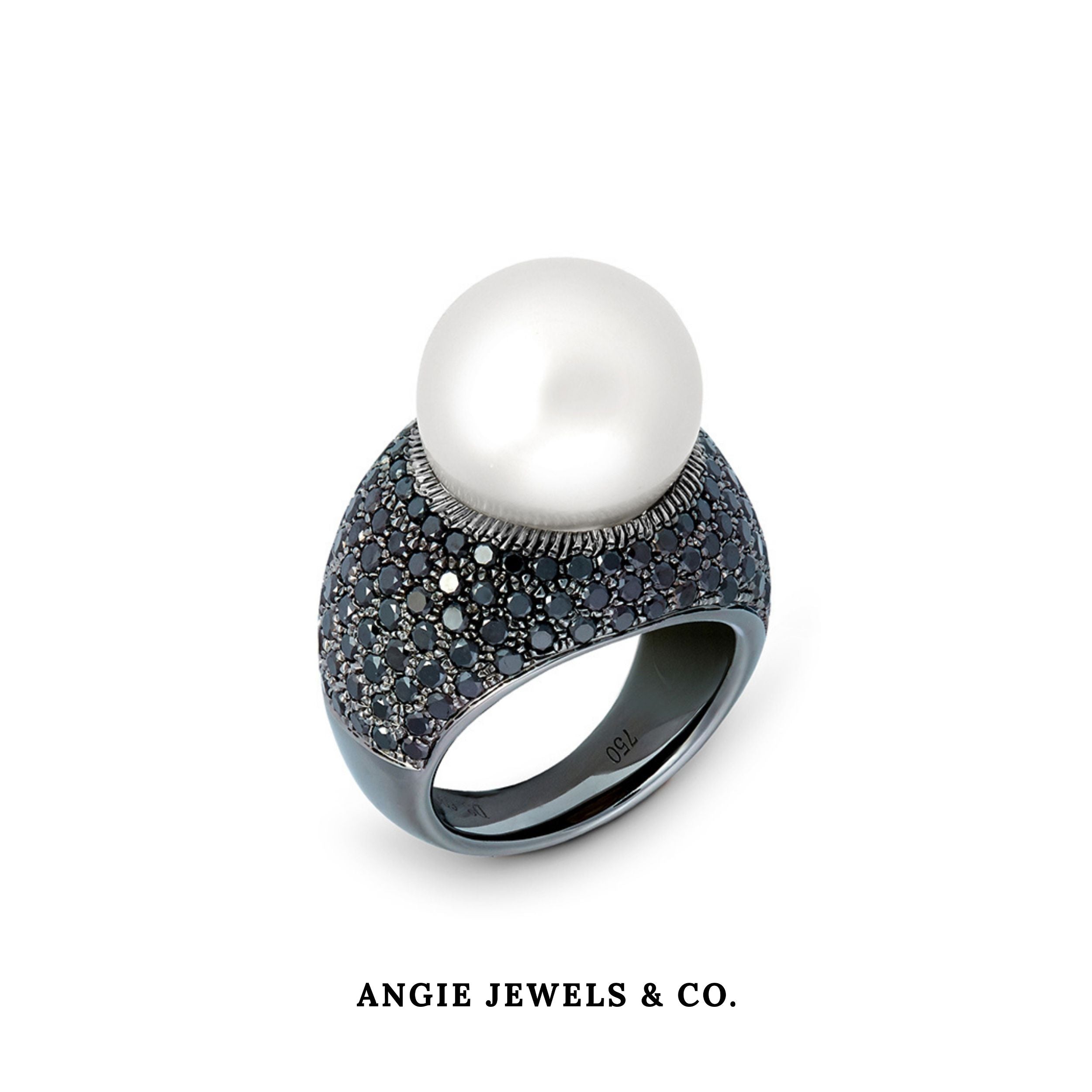 South Sea Pearl and Black Diamond Ring in 18K White Gold