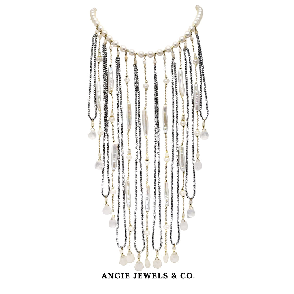 Starlight Cascade Necklace with Freshwater Pearl and Hematie