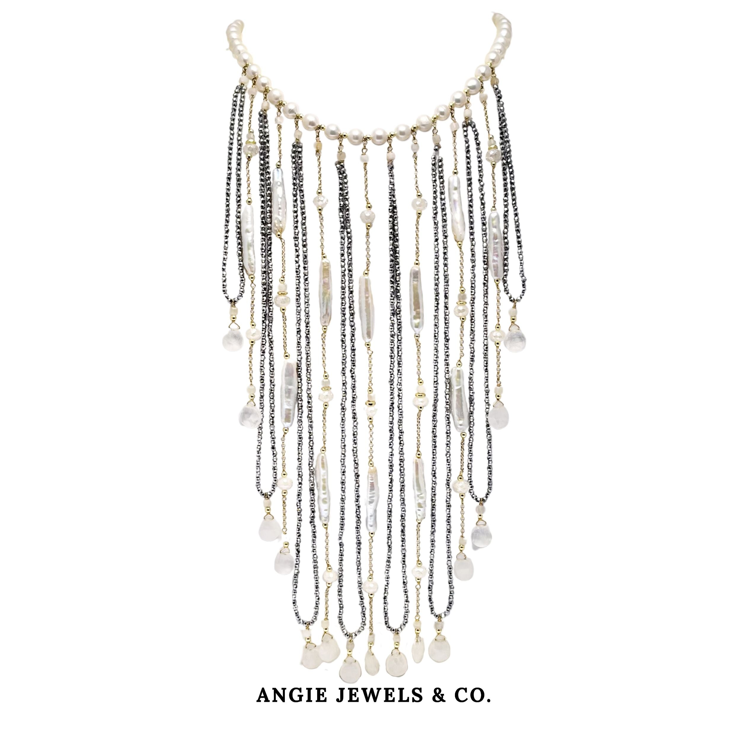 Starlight Cascade Necklace with Freshwater Pearl and Hematie