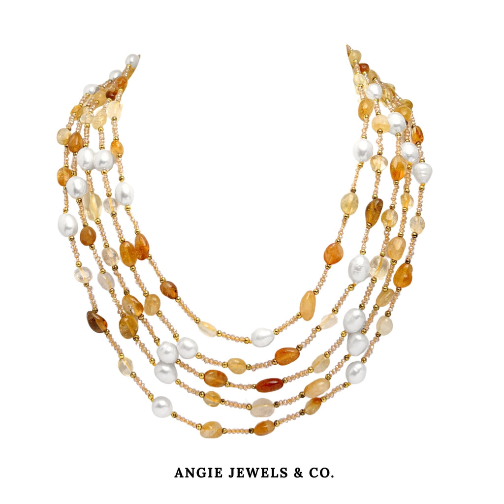 Sun Shower Necklace with 5-strands of Citrines & Freshwater Pearls