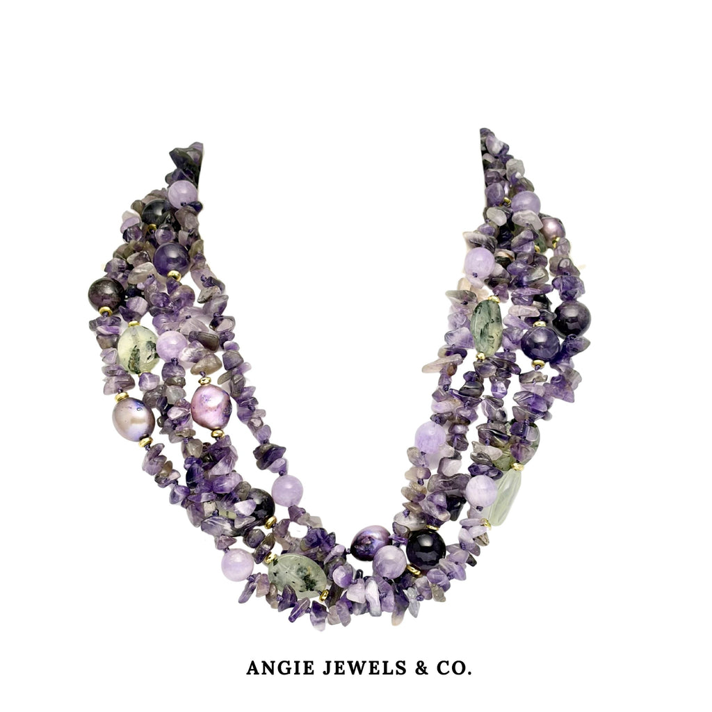 Twisted Amethyst Chips with Baroque Pearls Necklace
