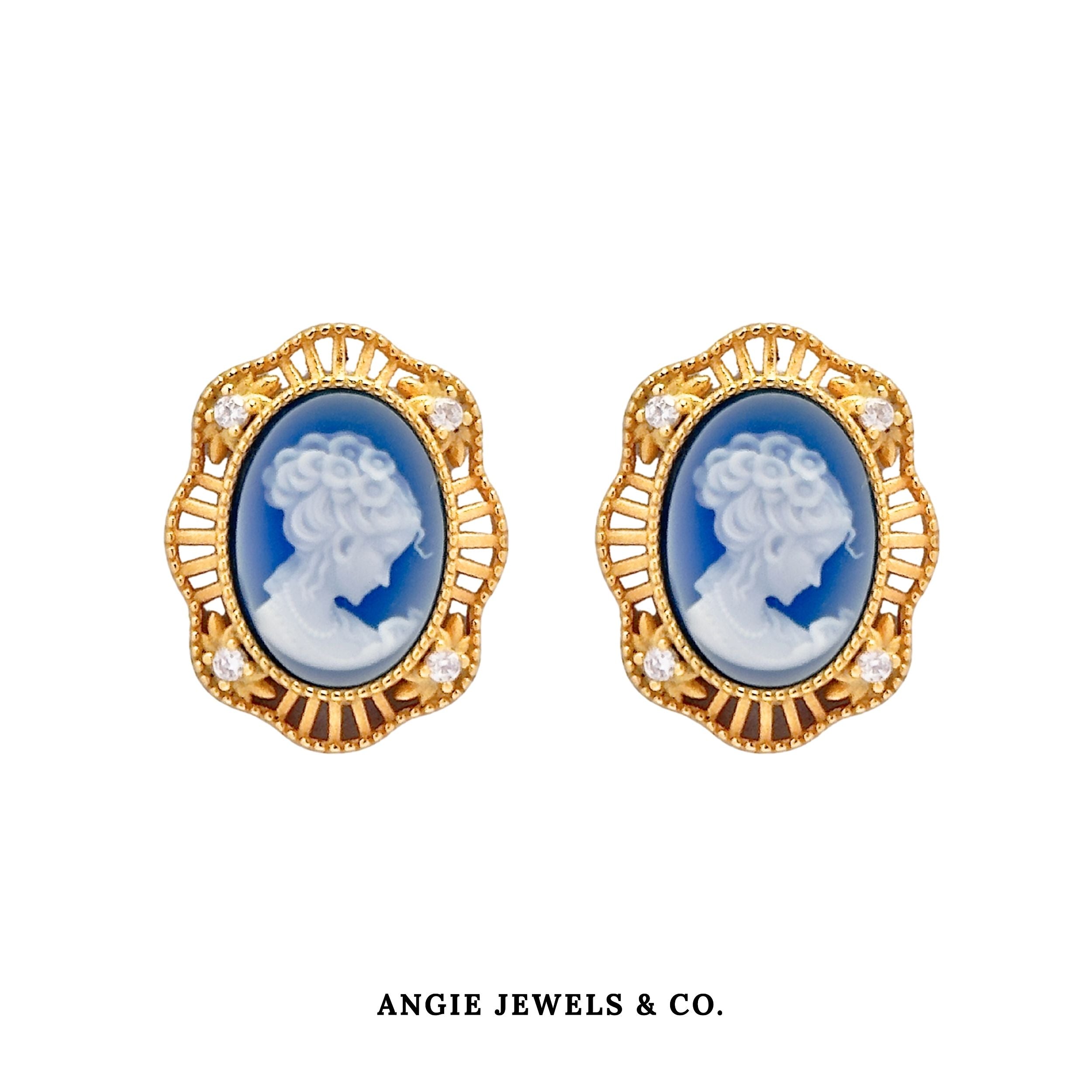 Valeria Cameo Earring Stud with S925 Silver Blue Oval